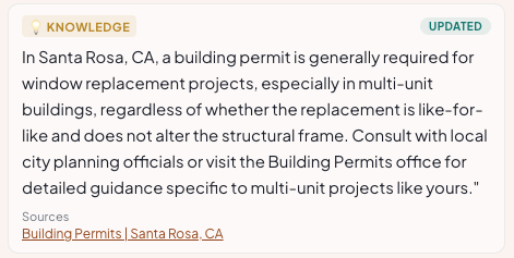 Knowledge card summarizing Santa Rosa building permit requirements for multi-unit window replacement