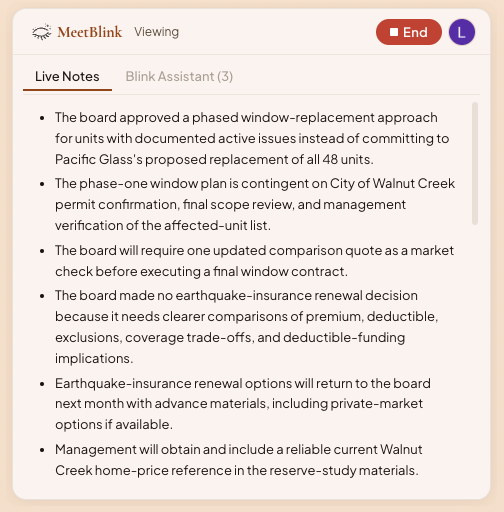 MeetBlink Live Notes view showing evolving discussion notes