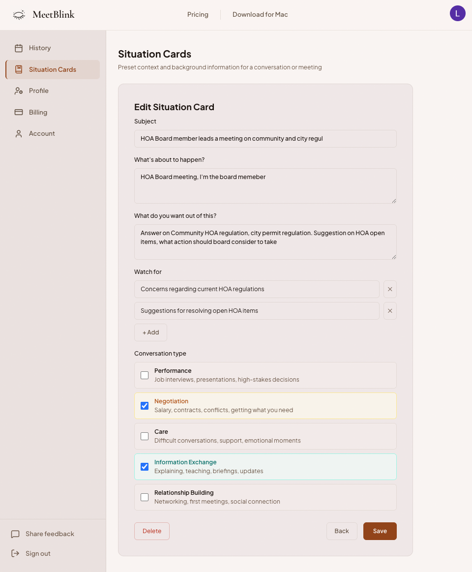 MeetBlink editor for a Situation Card with role, goal, watch-fors, and conversation types