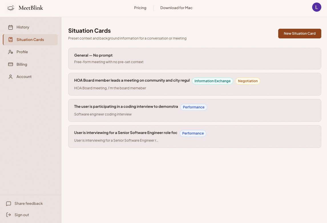 MeetBlink Situation Cards list showing saved conversation contexts