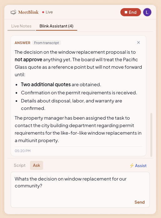 Blink Assistant transcript answer